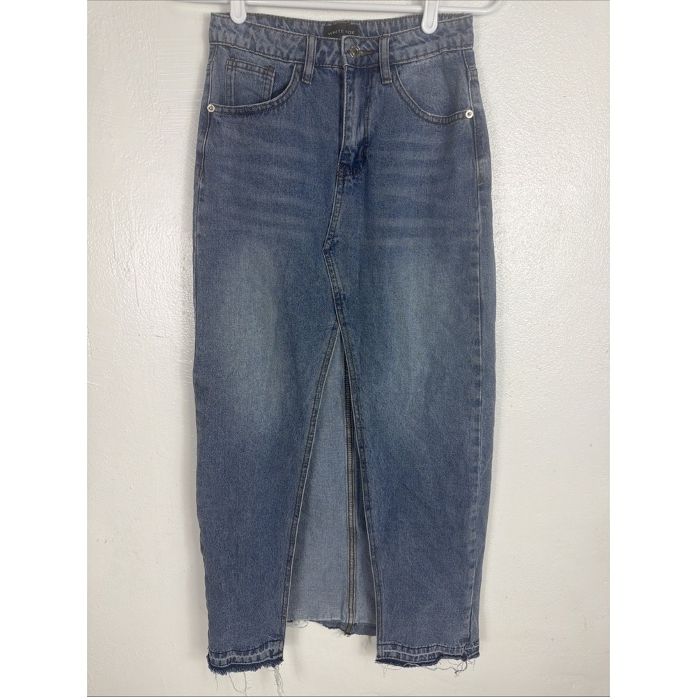 White Fox Cotton Mid Blue Front Slit Frayed Hem Denim Maxi Skirt Size Xs
